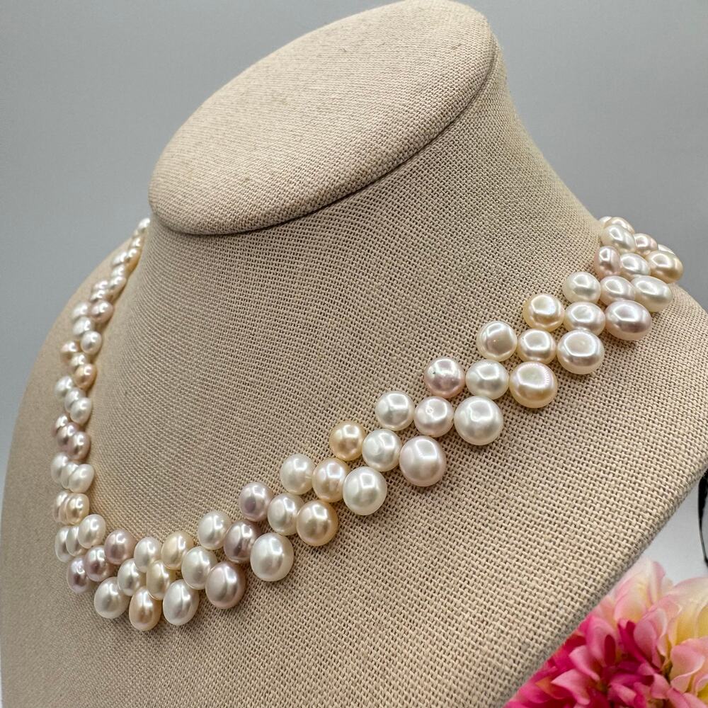 Layered Genuine Button Pearl Necklace Cream Peach Pink Wedding Season Bridal - Picture 3 of 15